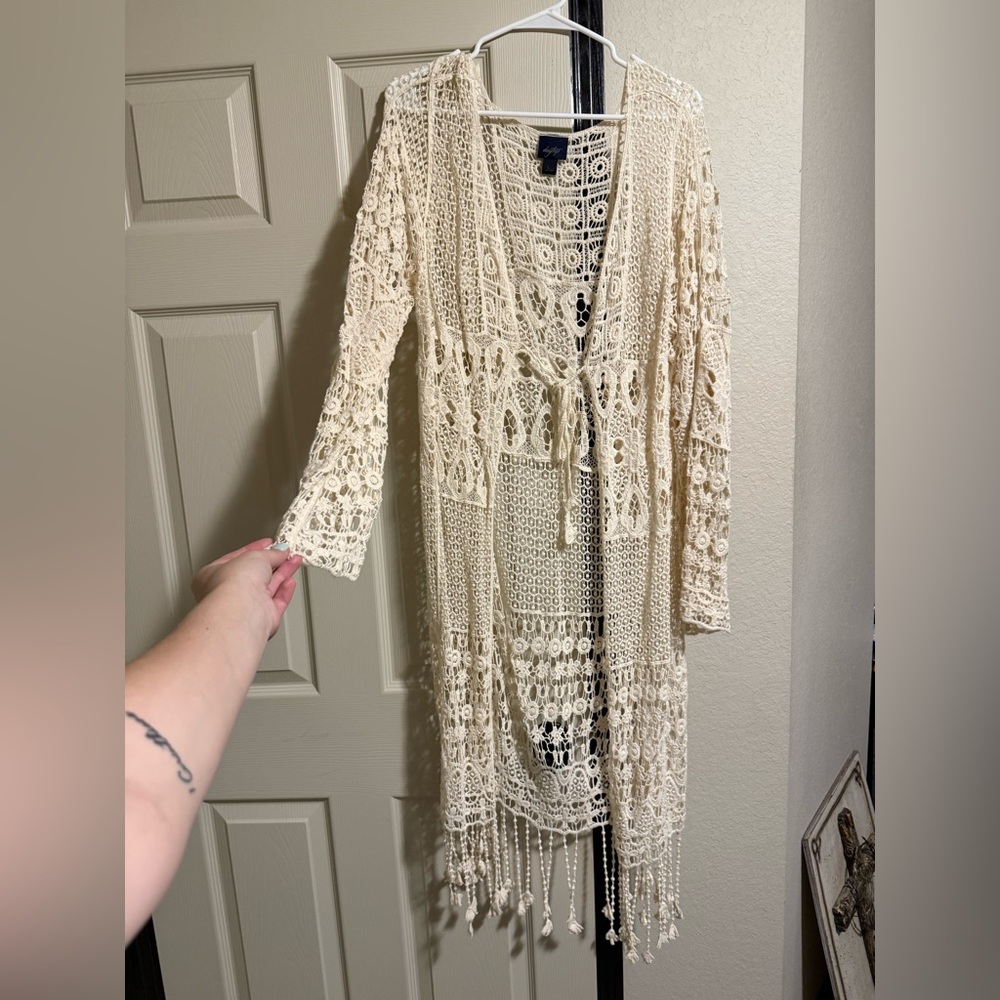 Daytrip Cream Crochet Duster Coat with Fringe